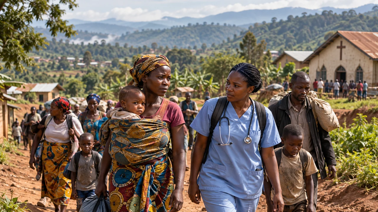 Congolese families walking beside a health worker on a rural road, with a church and green hills in the background.
