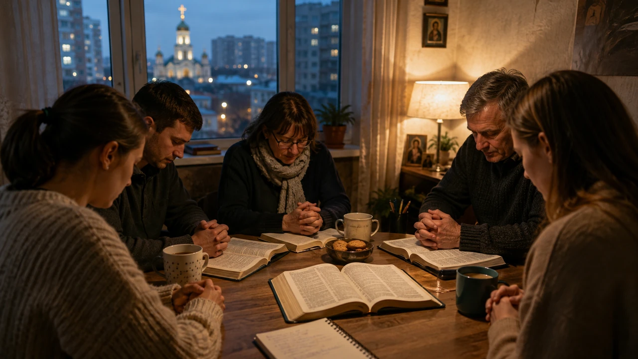 A small group of Christians praying around a table in a Russian apartment at dusk.