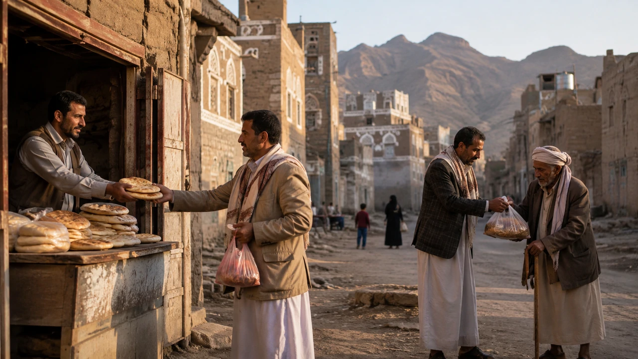Men exchanging flatbread and helping an older man in a Yemeni highland neighbourhood.