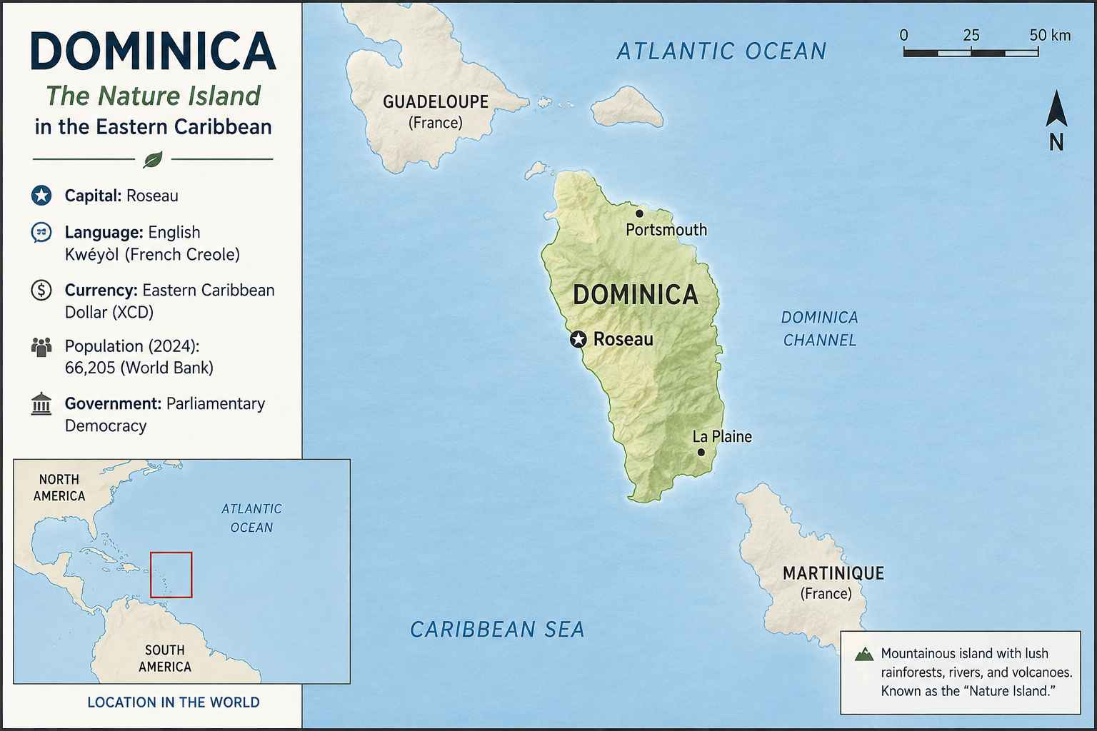 Regional map showing Dominica in the Eastern Caribbean between Guadeloupe and Martinique, with a wider Caribbean locator inset.
