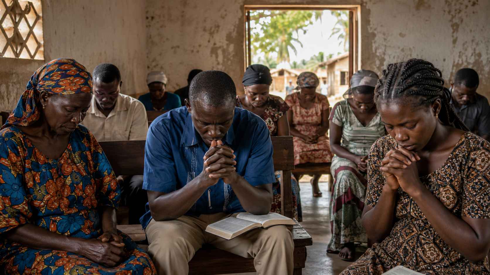 Guinea-Bissau Christians praying together in a humble church, with an open Bible and soft daylight, reflecting faithful witness amid uncertainty.