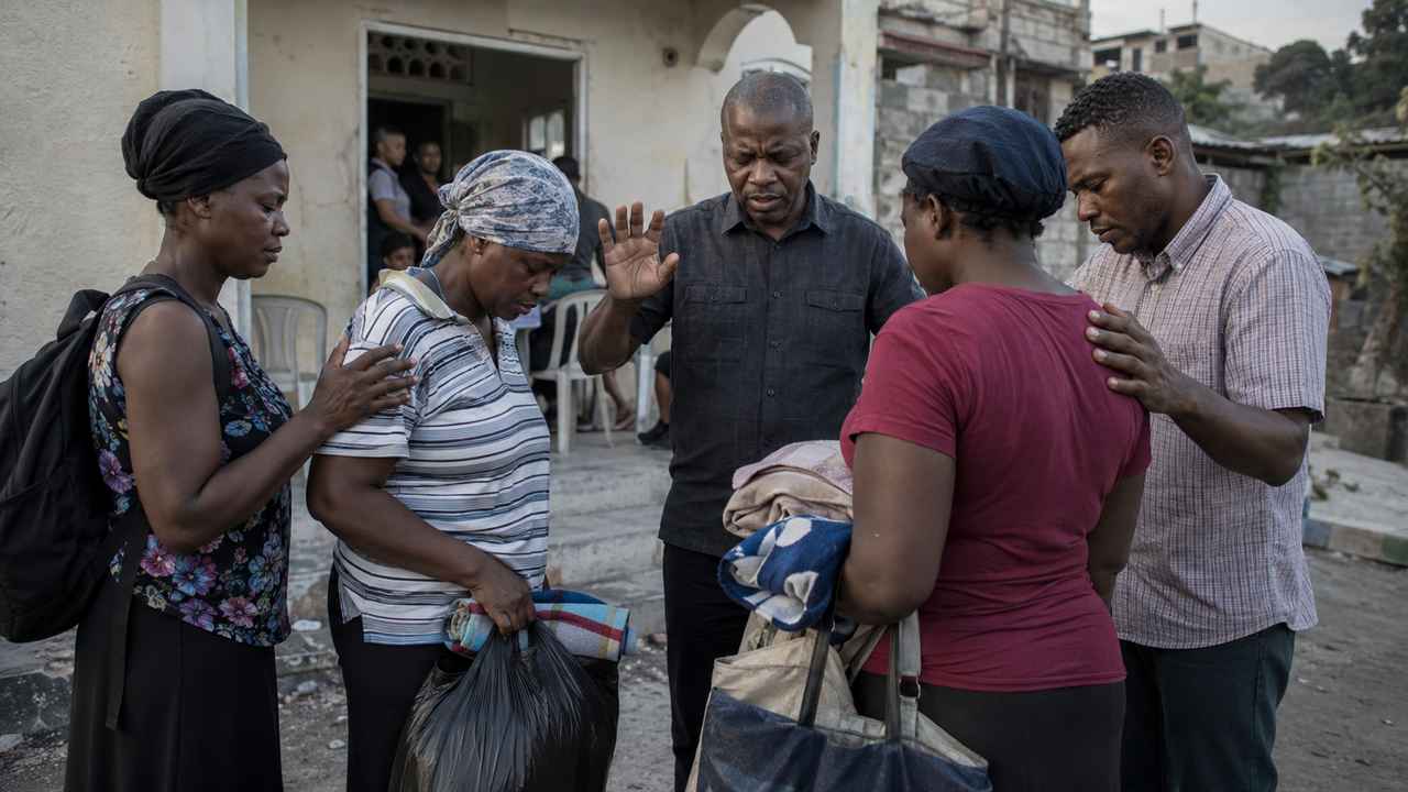 Haitian church leader praying with displaced adults outside a modest church as they carry belongings during Haiti’s crisis.