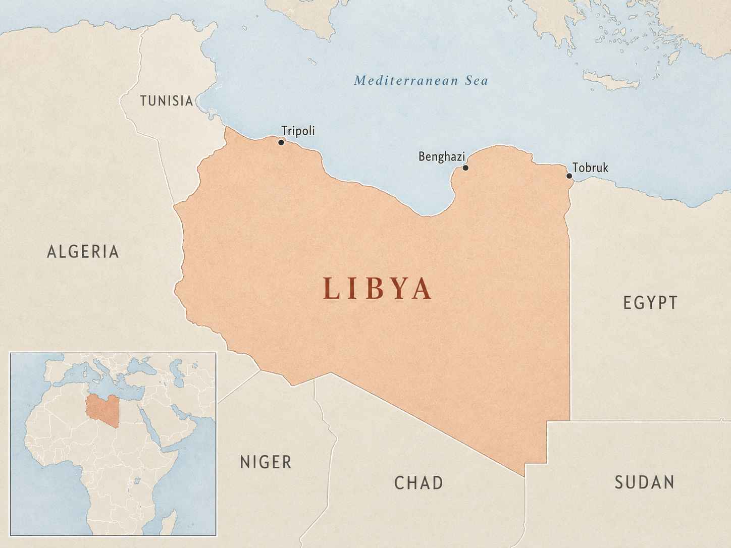 Map for Libya showing its location in North Africa along the Mediterranean Sea, with Egypt, Sudan, Chad, Niger, Algeria, and Tunisia for regional orientation.