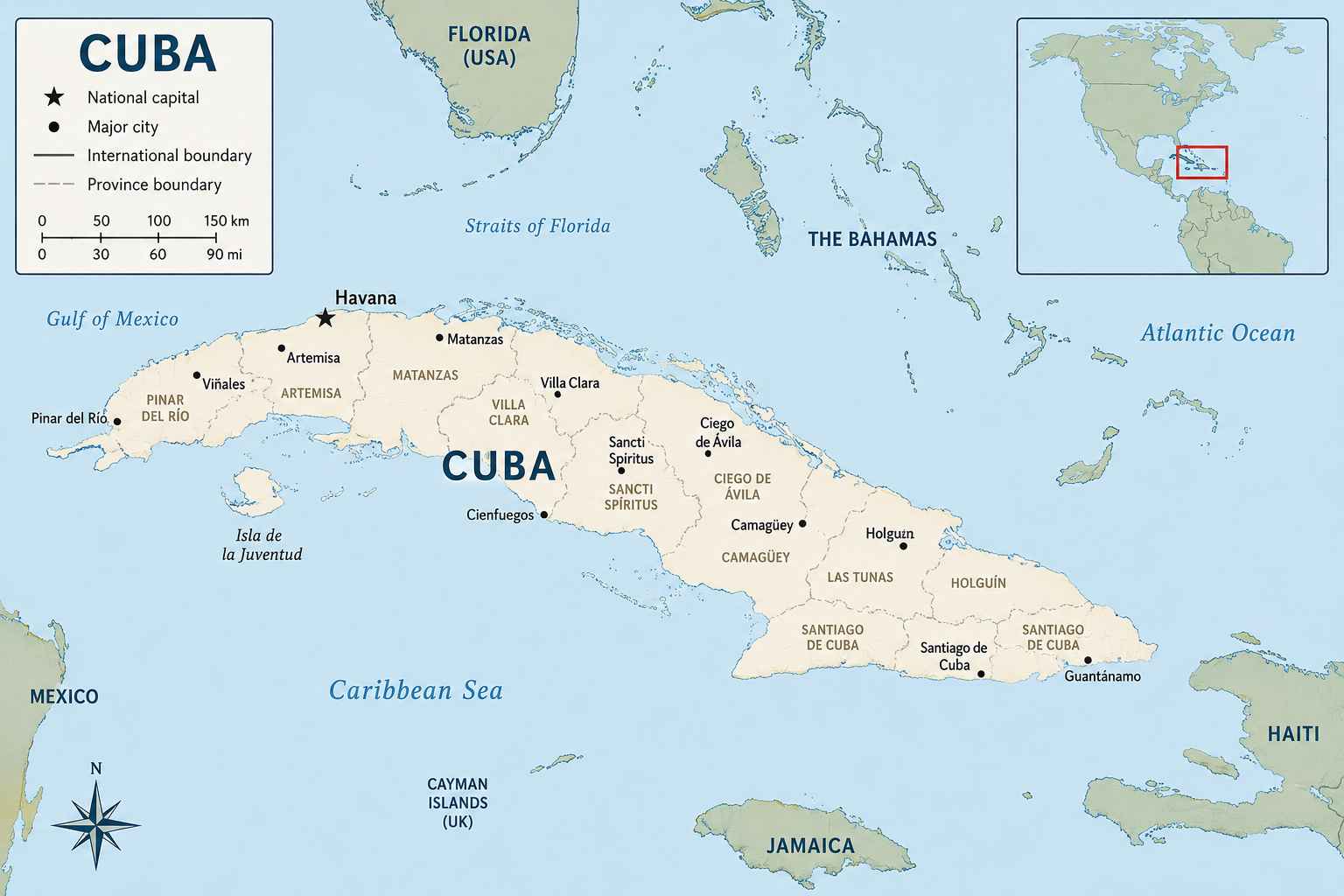 Map showing Cuba in the Caribbean, with a wider-world locator inset and nearby regional context including Florida, the Bahamas, Mexico, Jamaica, Haiti, the Gulf of Mexico, the Caribbean Sea, and the Atlantic Ocean.