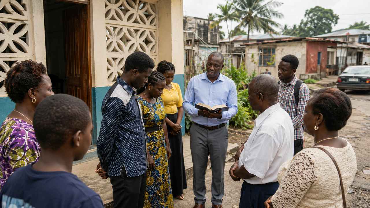 A small group of people gathers outside a modest building in a Gabonese urban neighborhood while a man holds an open book.