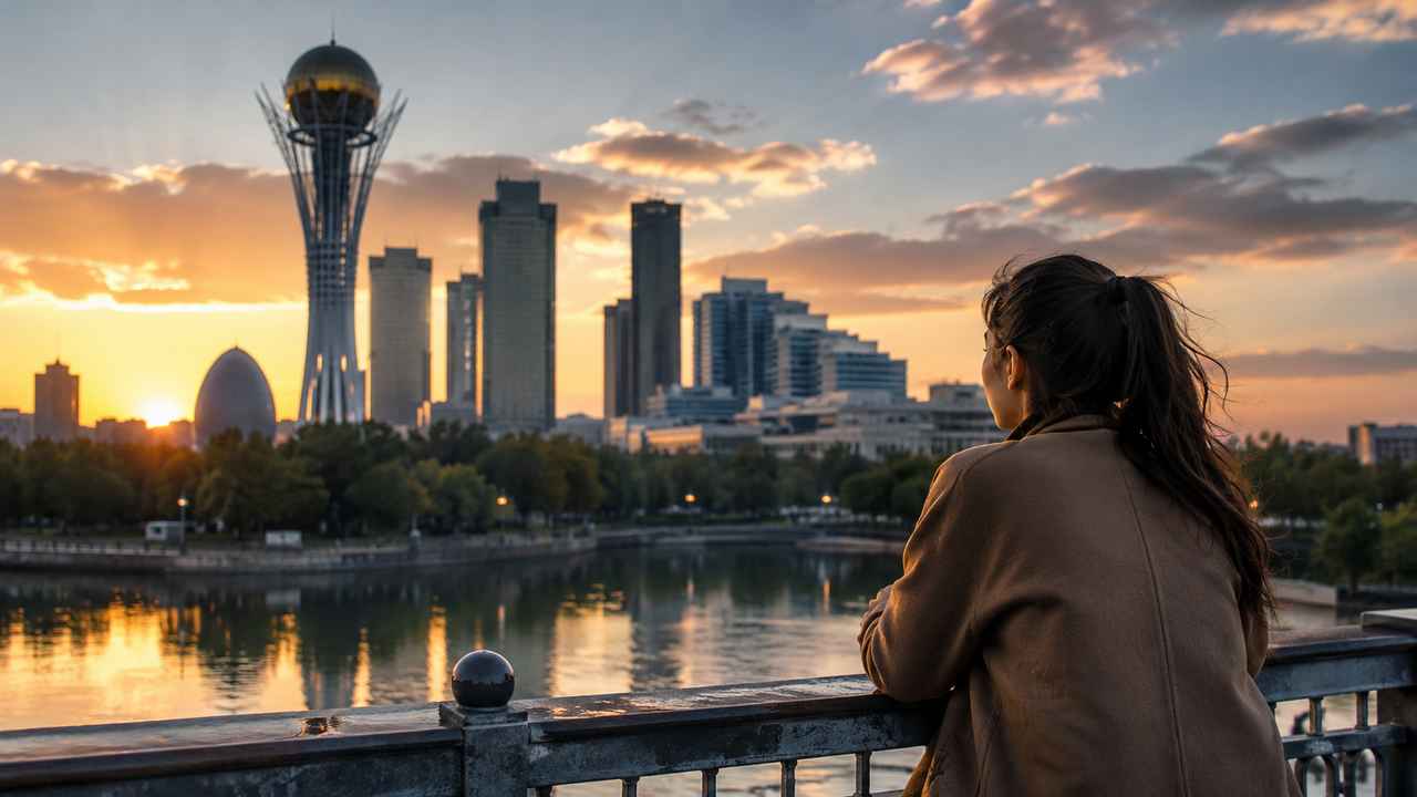 A woman stands at a bridge railing overlooking Astana’s skyline and river at sunset, with a tall golden-sphere landmark tower in the distance.