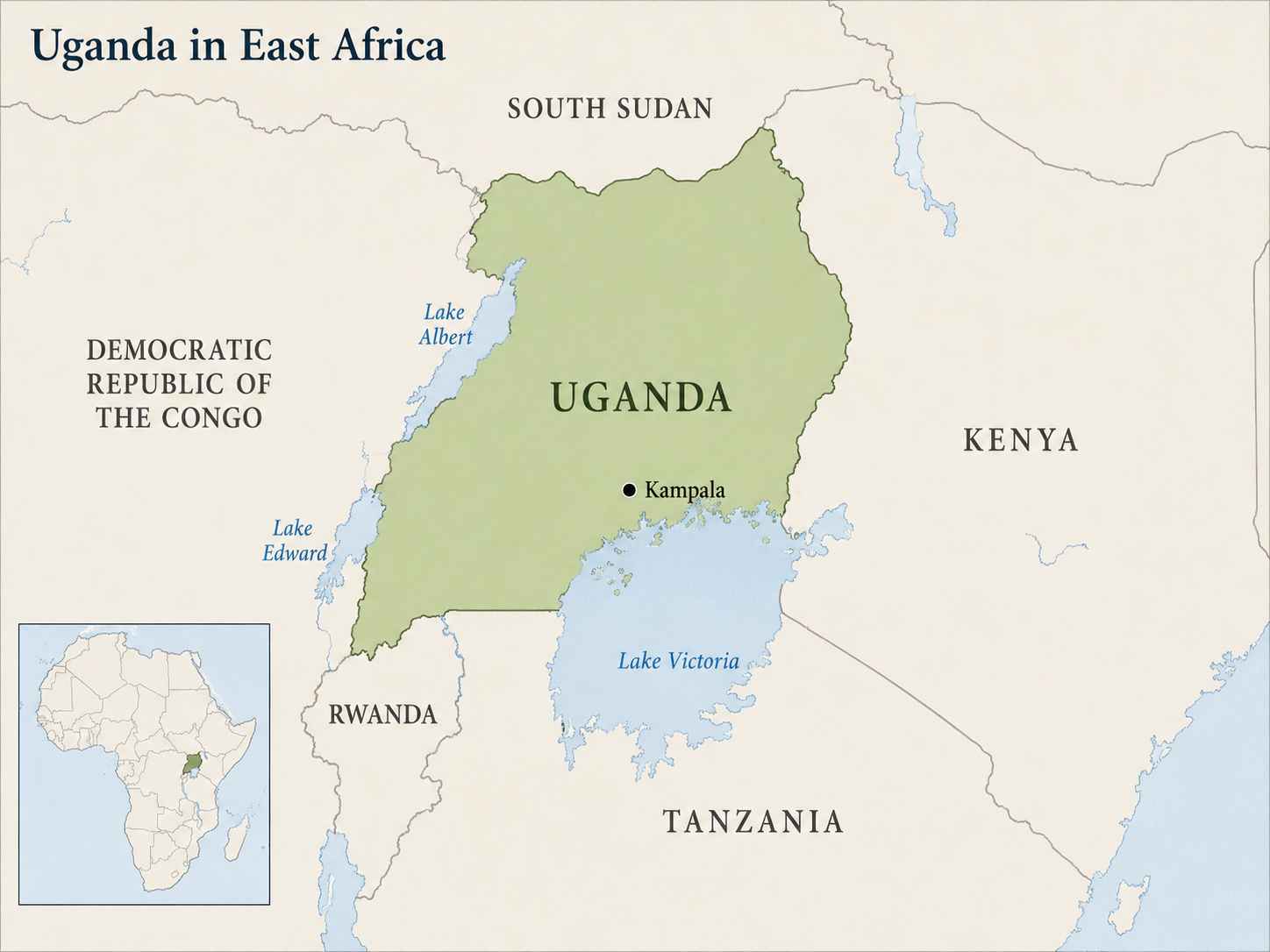 Map of Uganda in East Africa with neighboring countries and a small wider-world locator inset.