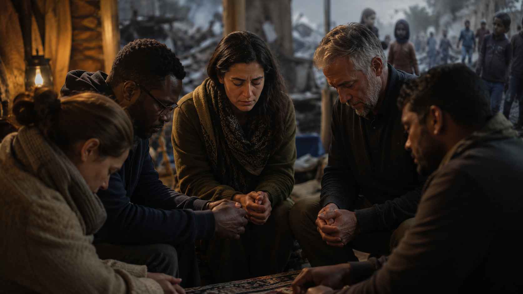 Diverse group gathered in solemn prayer amid crisis, reflecting urgent prayer for suffering nations in May 2026.