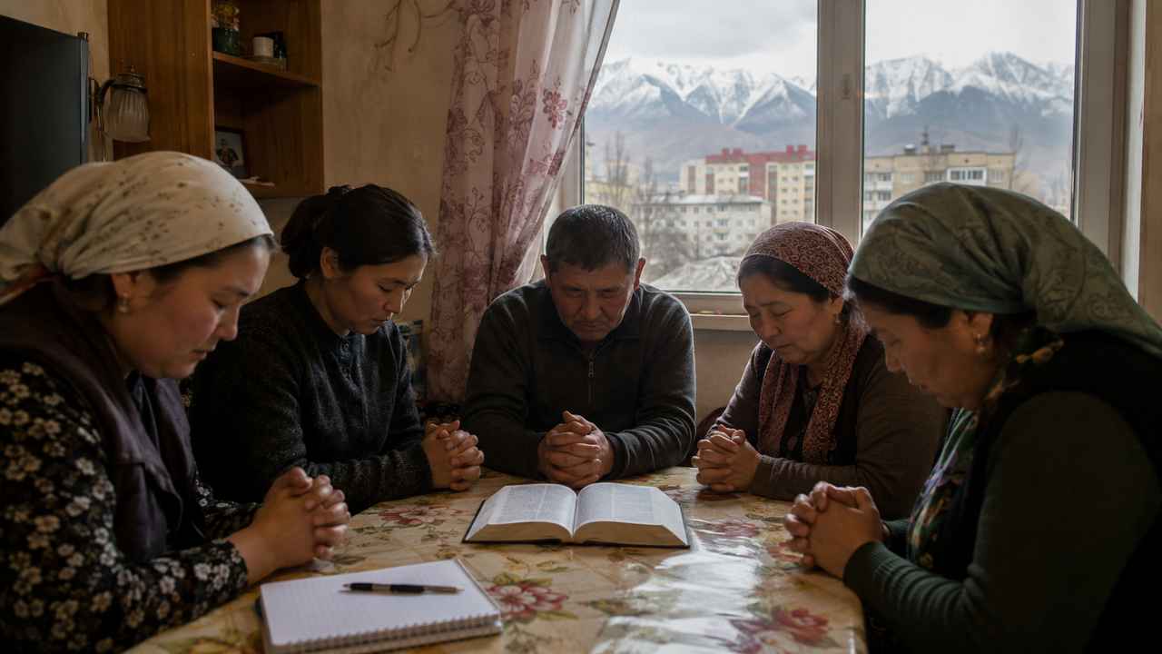 A small group of Kyrgyz or Central Asian believers sit around a table in a modest home, praying beside an open Bible, with city buildings and snow-capped mountains visible through the window.