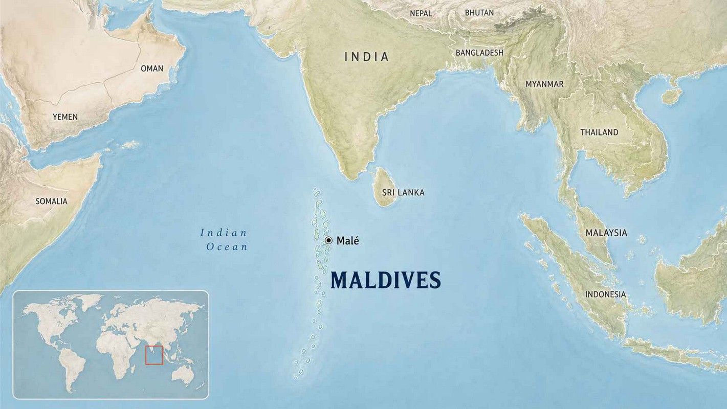 Map showing Maldives in the Indian Ocean, with Malé, India, Sri Lanka, nearby regional countries, and a world locator inset.