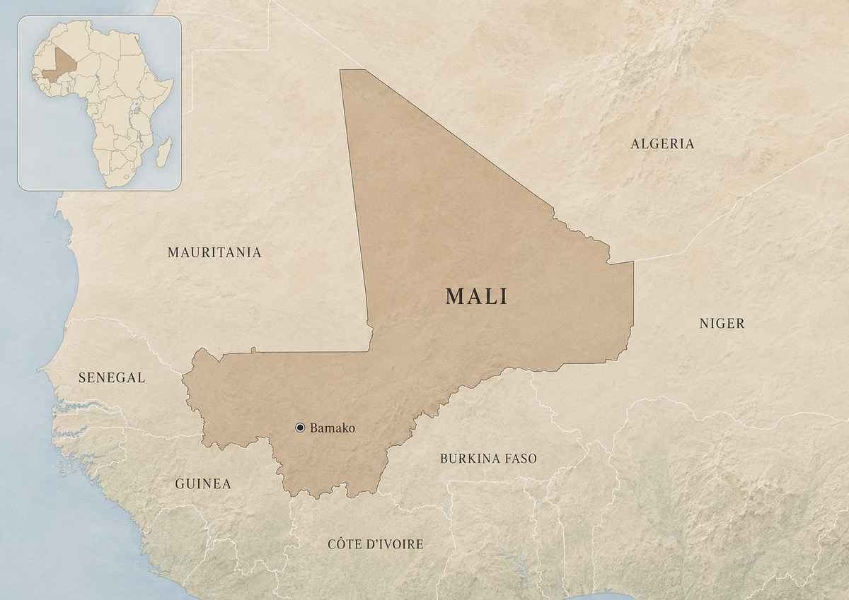 Map showing Mali highlighted in West Africa and the Sahel, with neighboring countries labeled and Bamako marked.