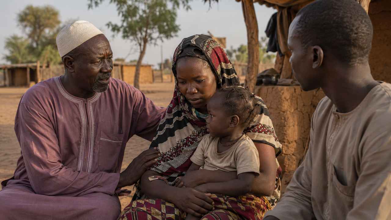 Older local man gently supports a mother holding a child in a Sahel village setting, with another man listening nearby.