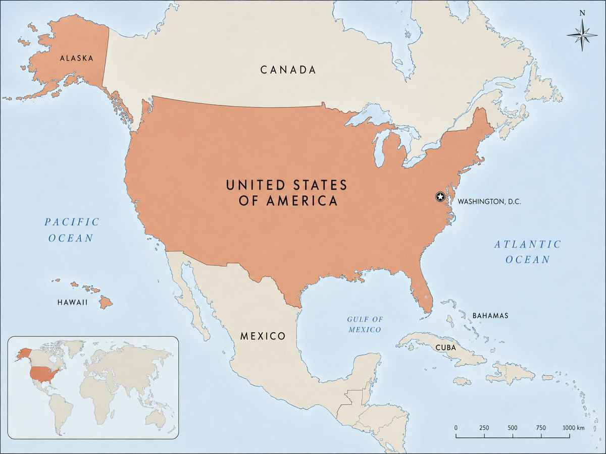 Regional map of the United States in North America, showing the country between Canada and Mexico, with Washington, D.C. marked and nearby Atlantic, Pacific, and Gulf waters indicated.
