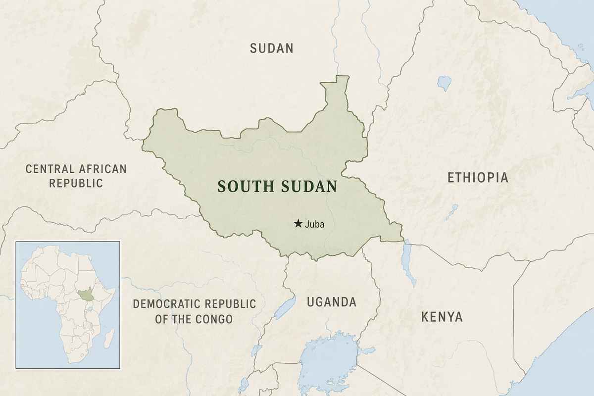 Map showing South Sudan in East-Central Africa, with neighboring countries and a small locator inset showing its wider regional location.