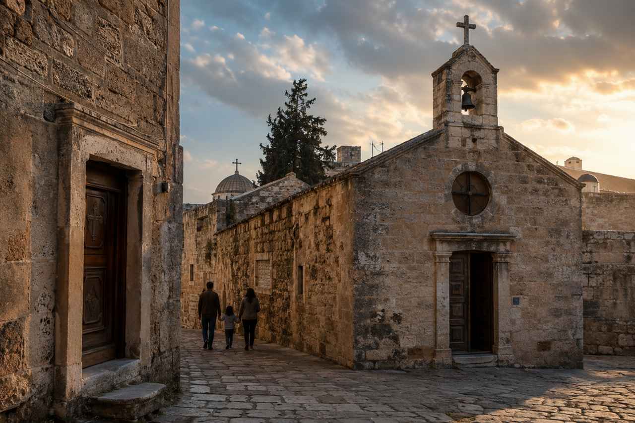 Weathered stone church courtyard in a Syrian old-city setting, with a small family walking quietly near a historic church.