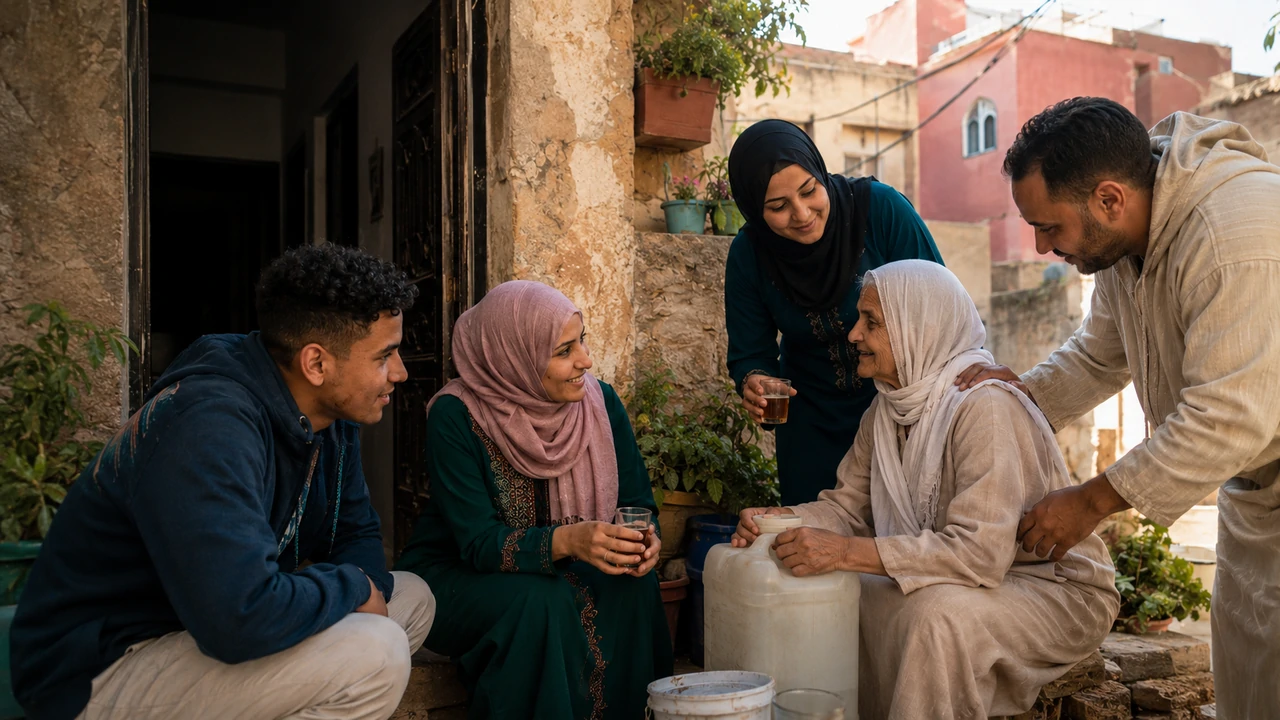 Young and older people sharing tea beside water containers in a sunlit Moroccan courtyard.