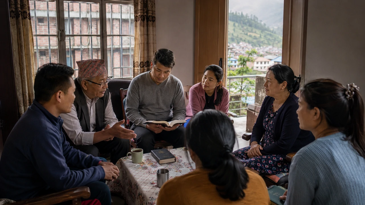 Nepalese Christians gather around an open Bible in a modest home, with a hill-town neighbourhood visible through the doorway.