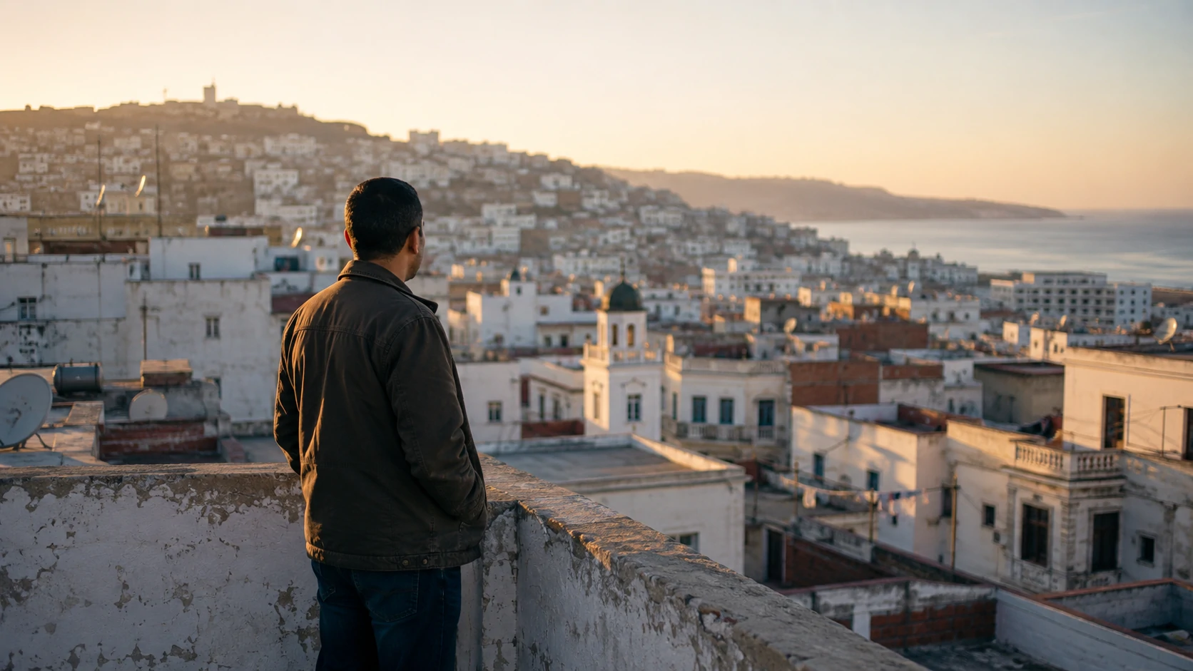 A man stands on a weathered rooftop overlooking a white hillside coastal city in northern Algeria at sunrise.