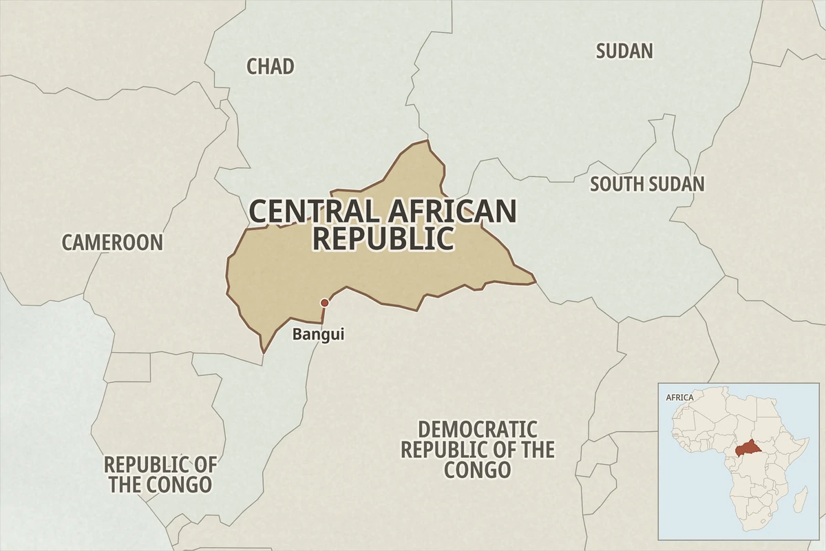 Map locating the Central African Republic among its six neighbouring countries, with Bangui marked and an inset showing its position in Africa.