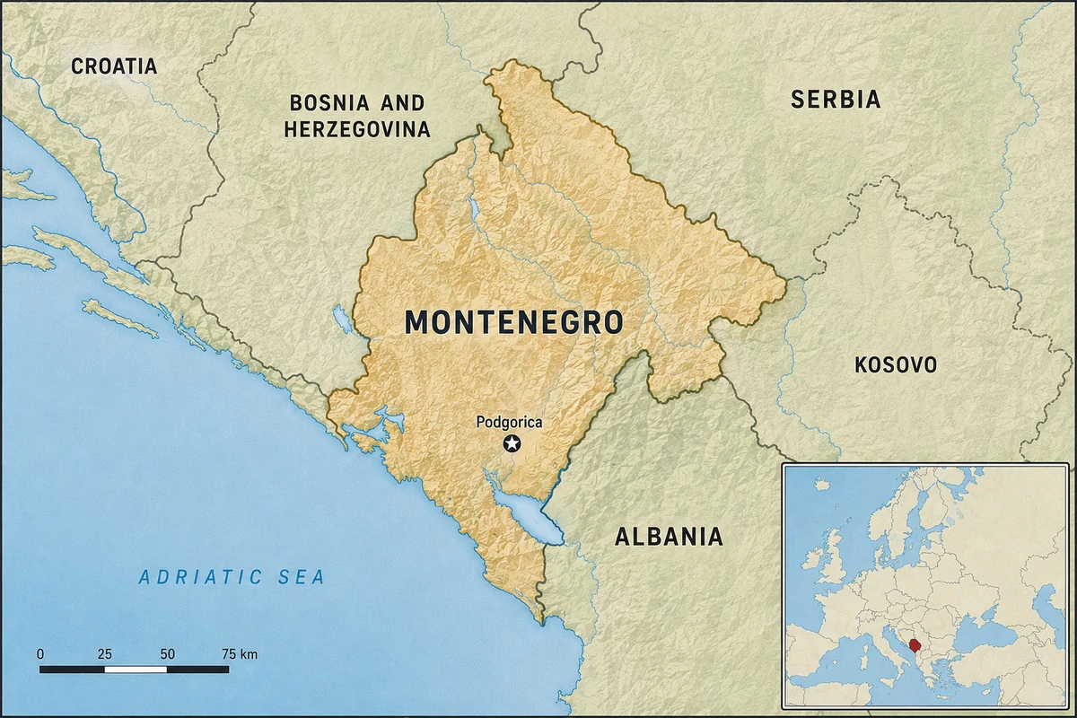 Map of Montenegro showing Podgorica, the Adriatic coast, neighbouring Croatia, Bosnia and Herzegovina, Serbia, Kosovo and Albania, with a locator map of Europe.