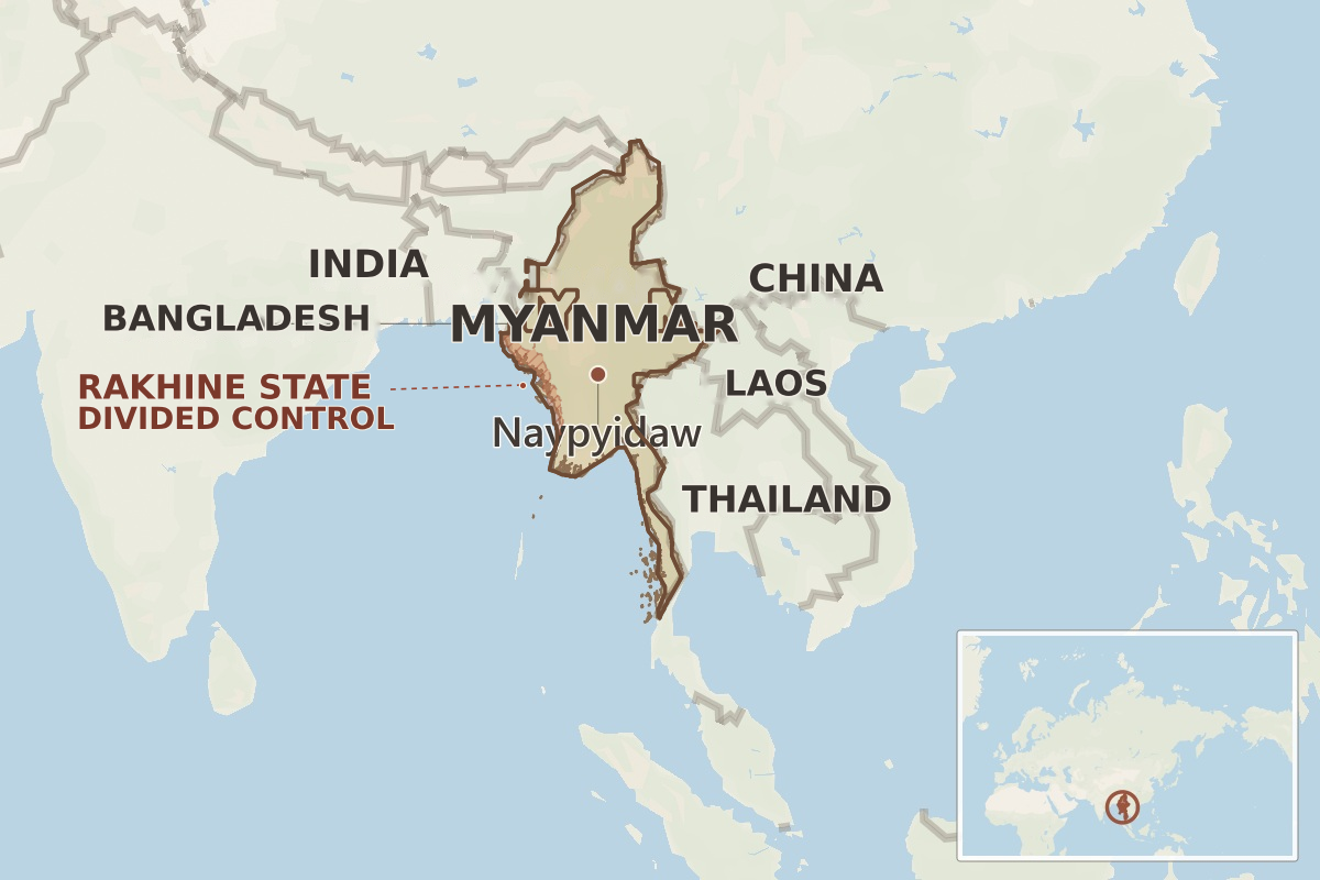Map of Myanmar and neighboring countries, with Naypyidaw marked, Rakhine State indicated as an area of divided control, and a wider-world locator.