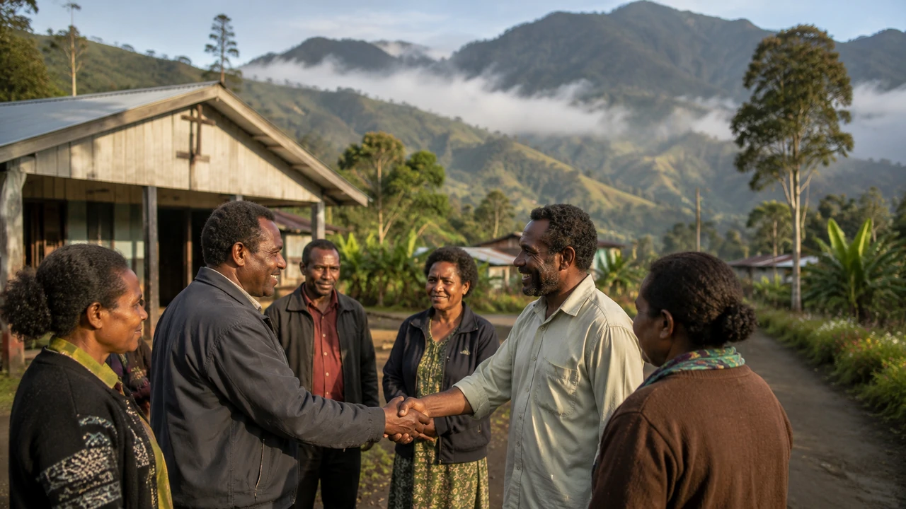 A group of adults outside a highland church, with two men shaking hands against misty green mountains.