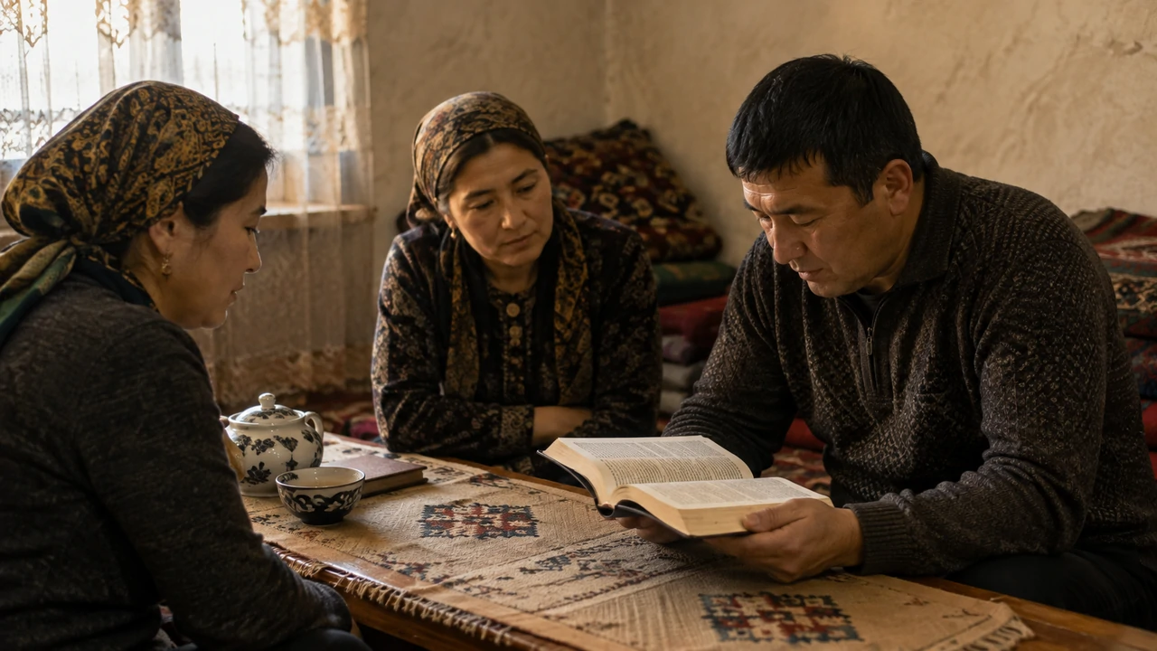 Three Central Asian adults gather around an open Bible in a modest home.