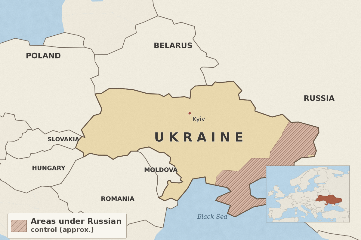Map of Ukraine and neighbouring countries showing Kyiv, the Black Sea, approximate areas under Russian control, and a wider-Europe locator.