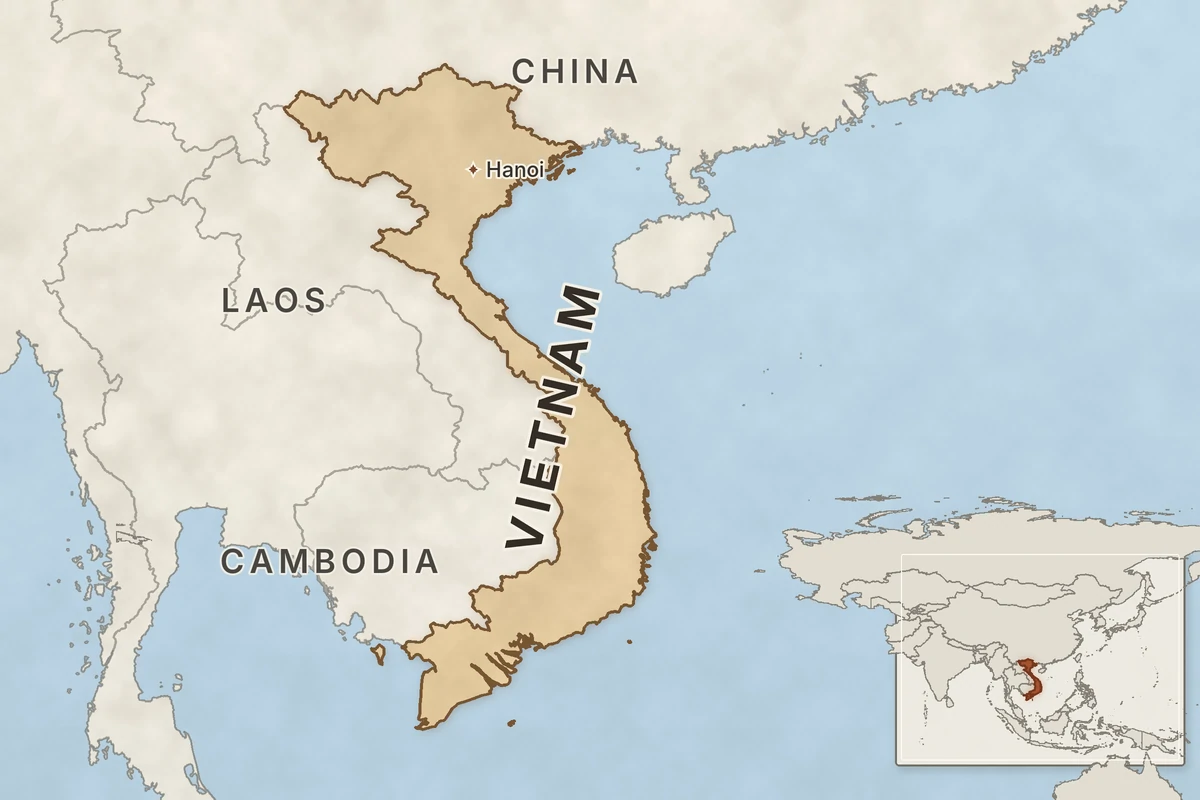 Map of Vietnam in mainland Southeast Asia, showing Hanoi and the neighbouring countries of China, Laos and Cambodia, with an Asia locator inset.