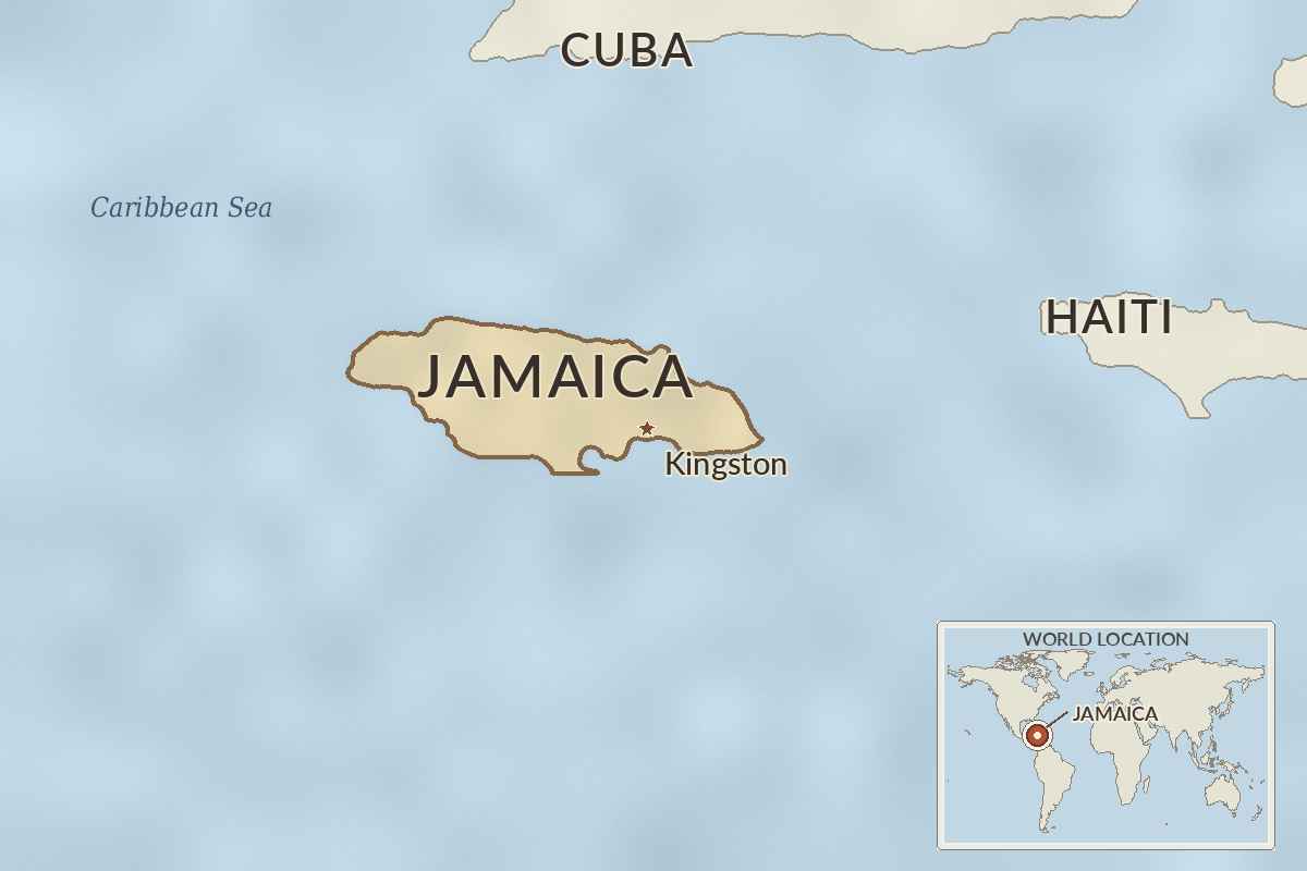Map showing Jamaica south of Cuba and west of Haiti, with Kingston marked and a world locator showing Jamaica in the Caribbean.
