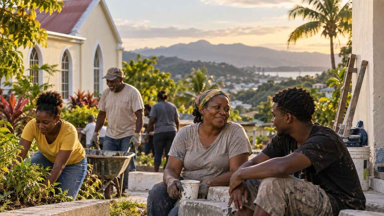 Jamaican community members working together near a neighbourhood church during rebuilding and recovery.