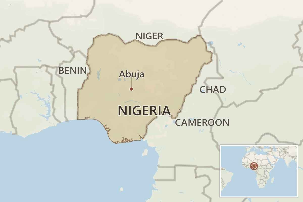 Map showing Nigeria in West Africa with neighboring countries and a wider-world locator inset.