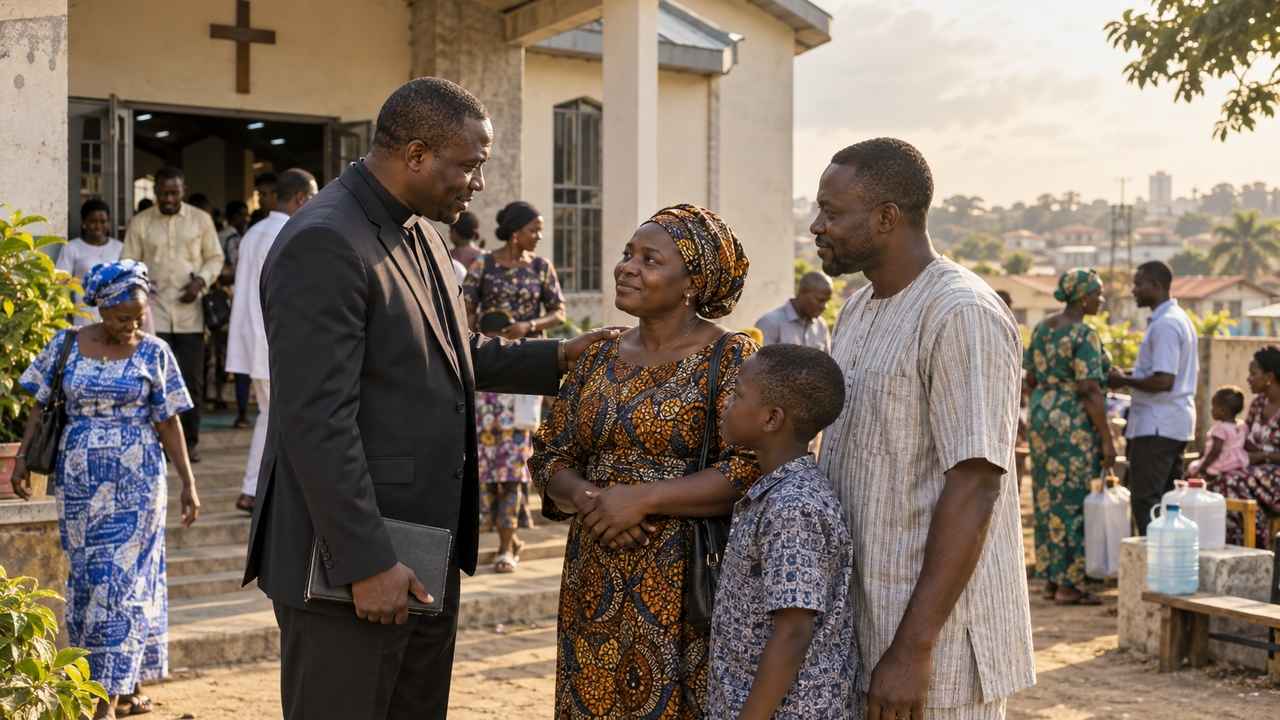 Nigerian Christian family speaking with a pastor outside a church after worship.