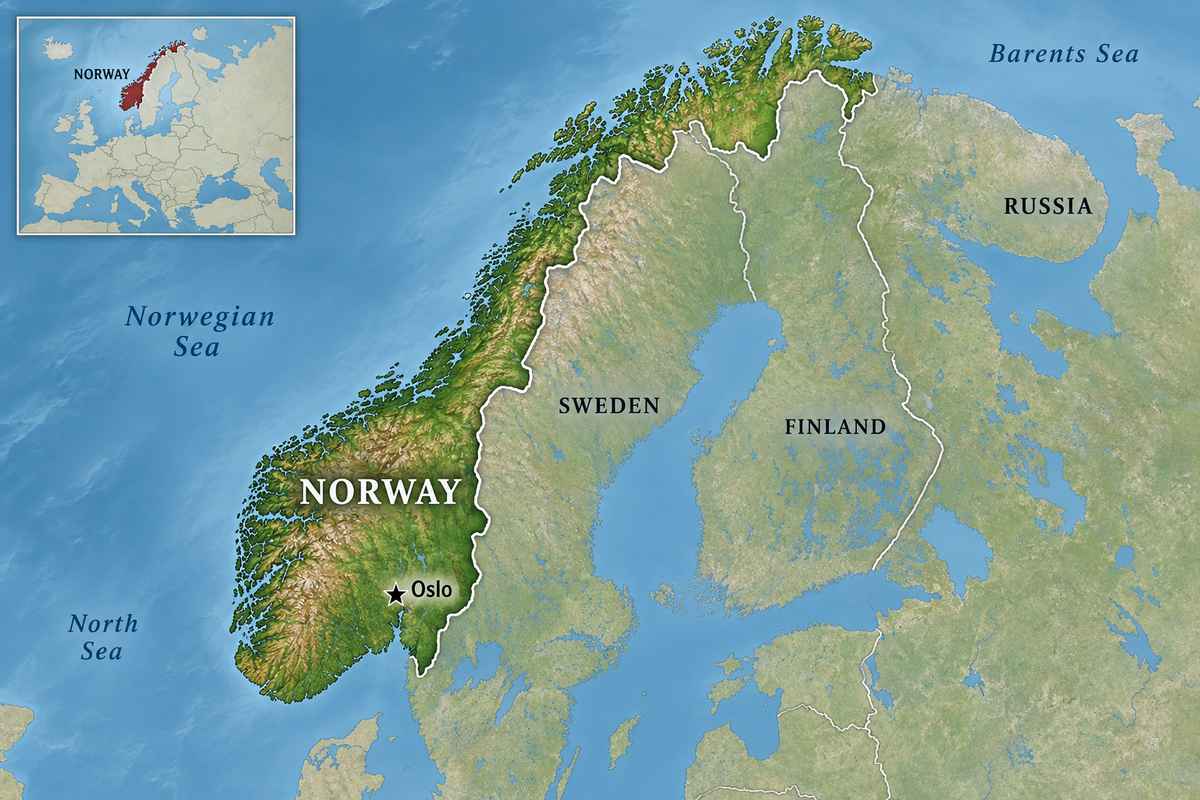 Map of Norway showing Oslo, Sweden, Finland and Russia, with Norway highlighted in a wider Europe locator.
