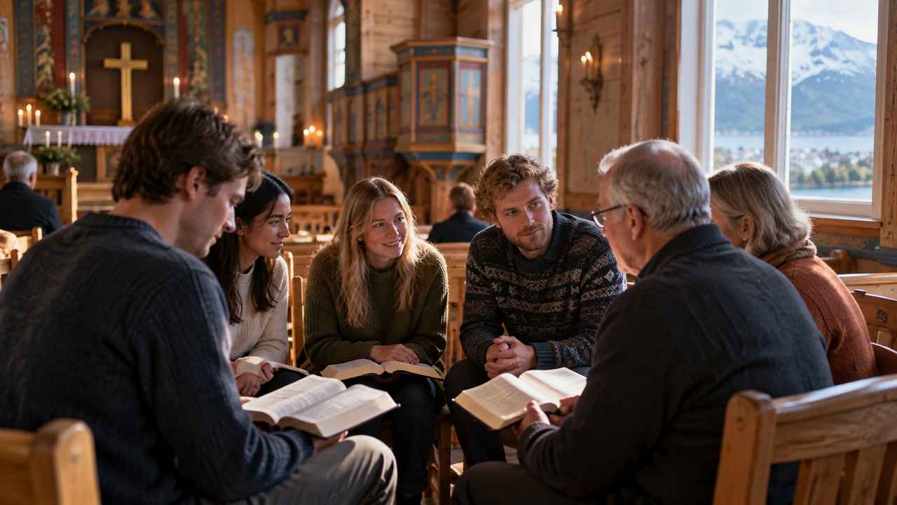 Intergenerational Bible study in a Norwegian church, with younger and older Christians gathered around open Bibles.