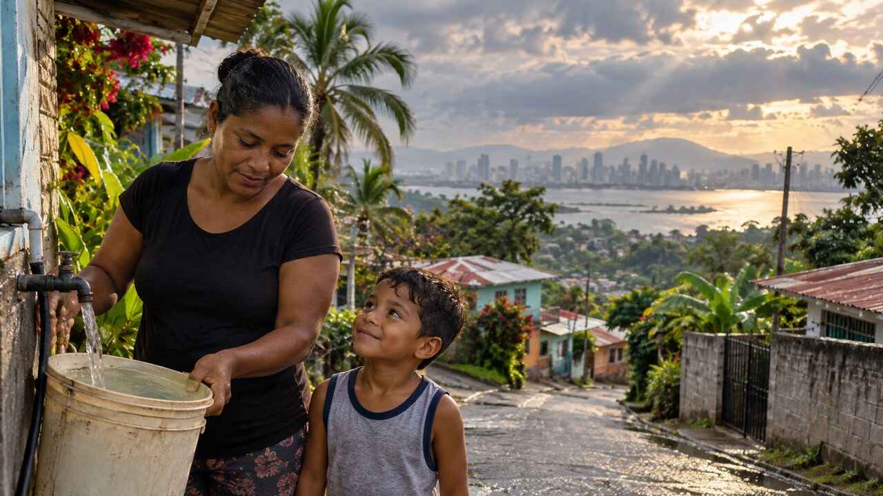 Panamanian mother filling a household water bucket beside her young son in a hillside neighbourhood after rain.