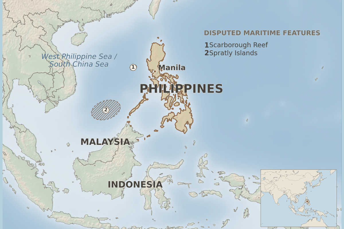 Philippines in Southeast Asia with Manila, Malaysia, Indonesia, disputed maritime features in the West Philippine Sea / South China Sea, and a wider Asia locator.