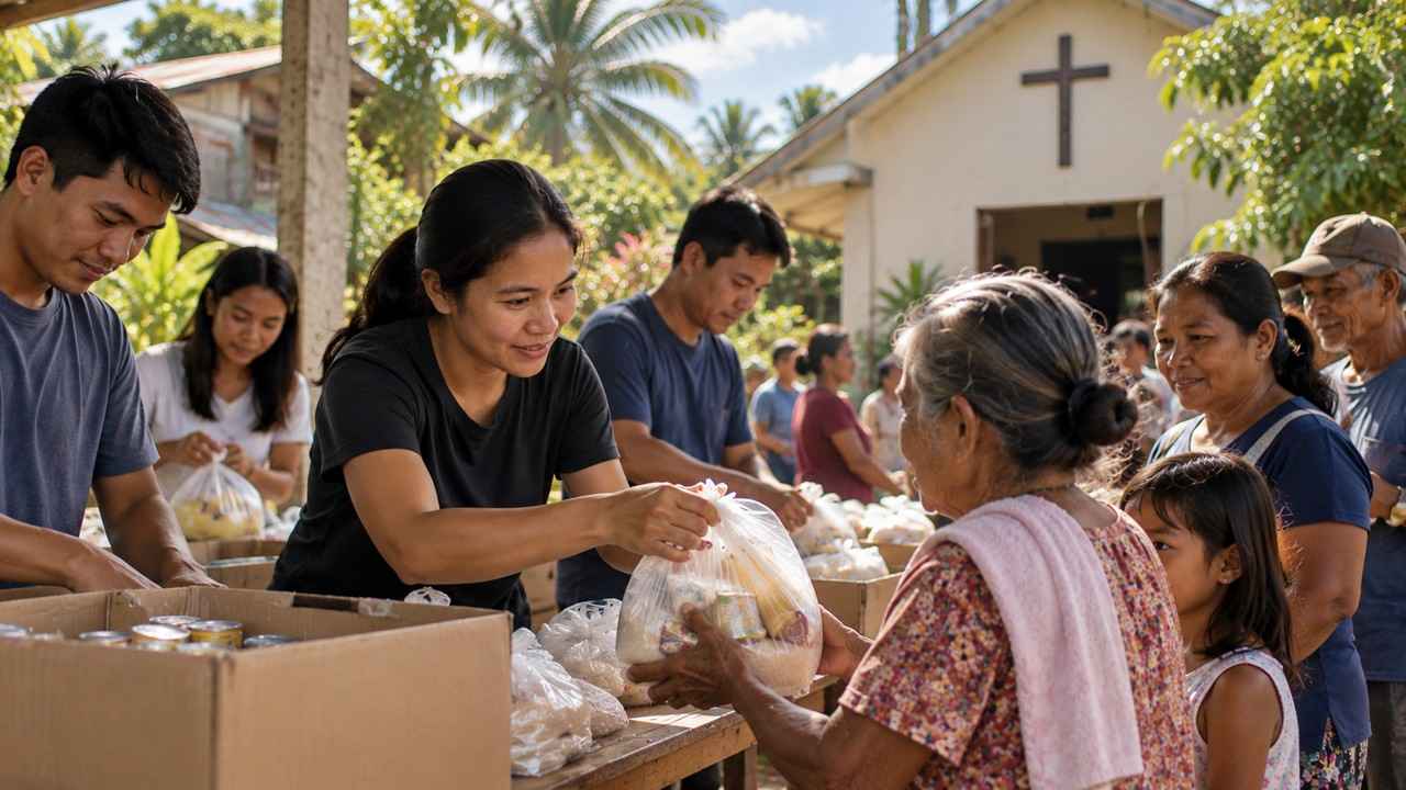Filipino church volunteers handing food supplies to neighbors outside a local church in a tropical community.
