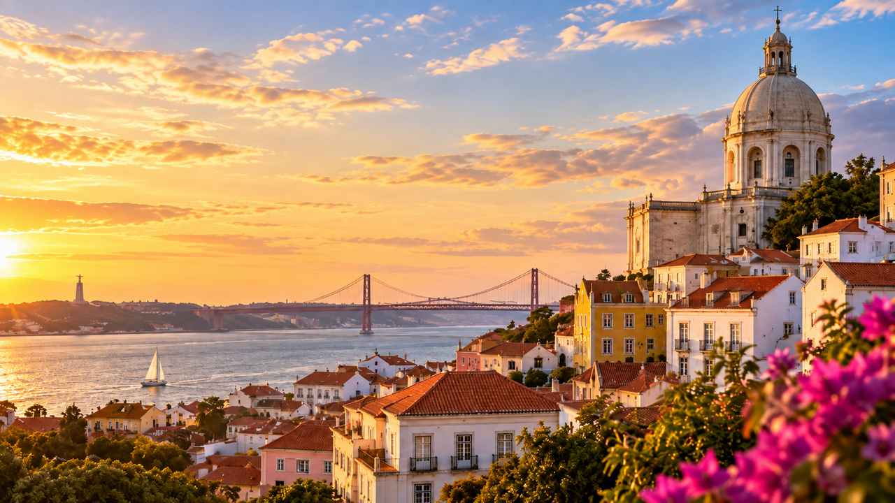 Golden-hour view across Lisbon and the Tagus River, with historic rooftops, a church dome and the 25 de Abril Bridge.