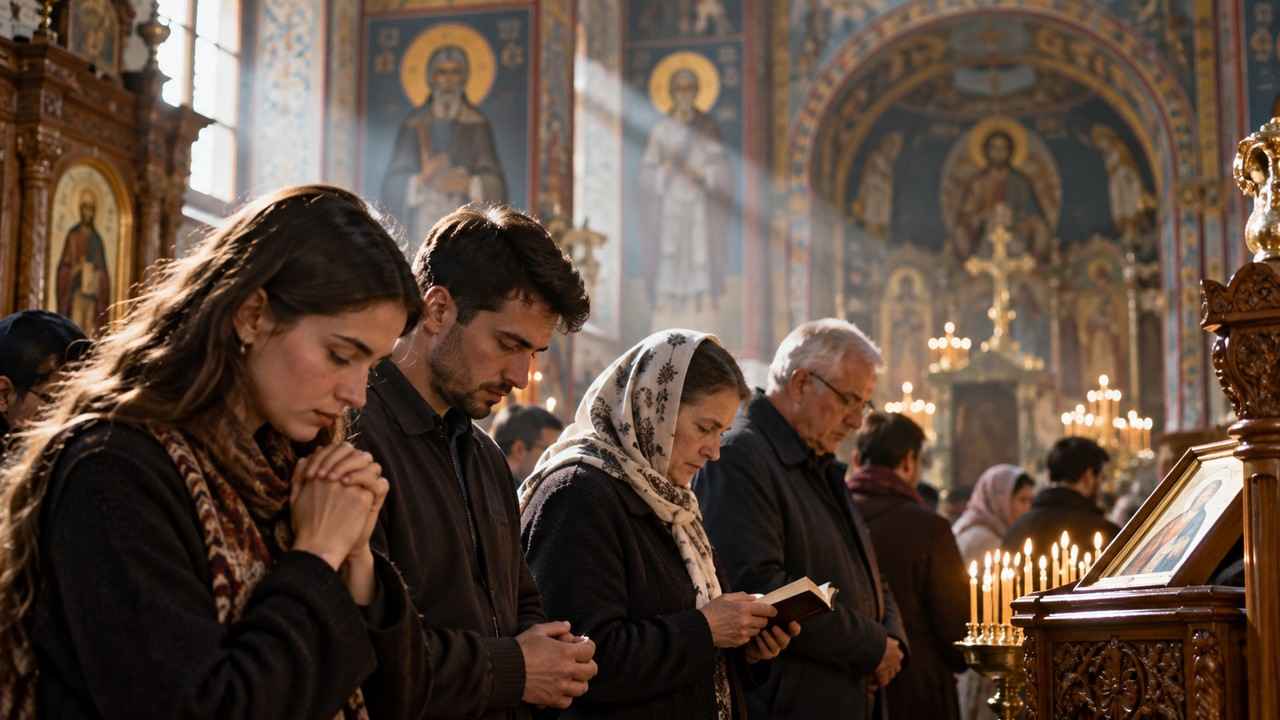 Romanian Christians of different generations praying inside an Orthodox church. Caption: