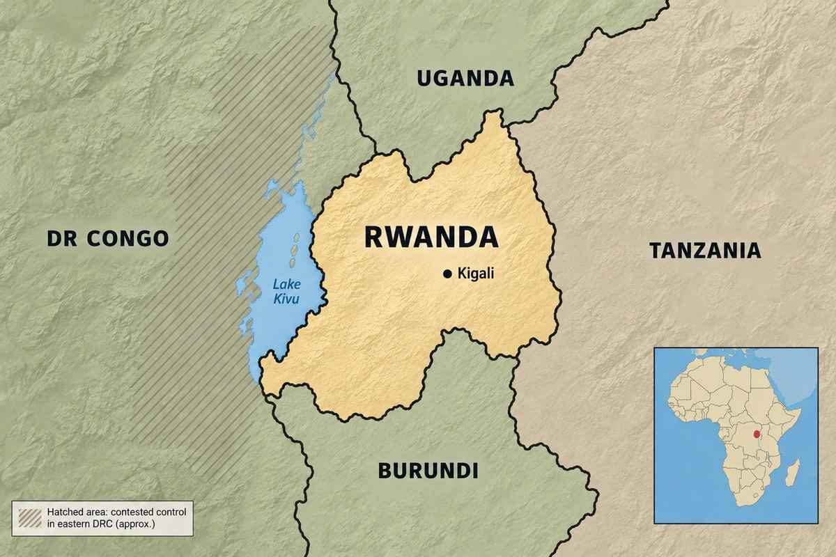 Map of Rwanda showing Kigali, neighbouring Uganda, Tanzania, Burundi and DR Congo, Lake Kivu, an Africa locator, and approximate contested control in eastern DRC.
