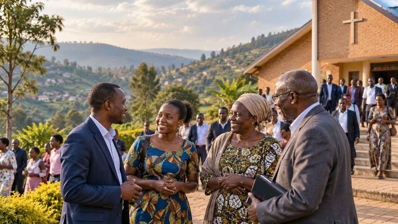 Rwandan Christians talking outside a church in a green hillside community after worship.