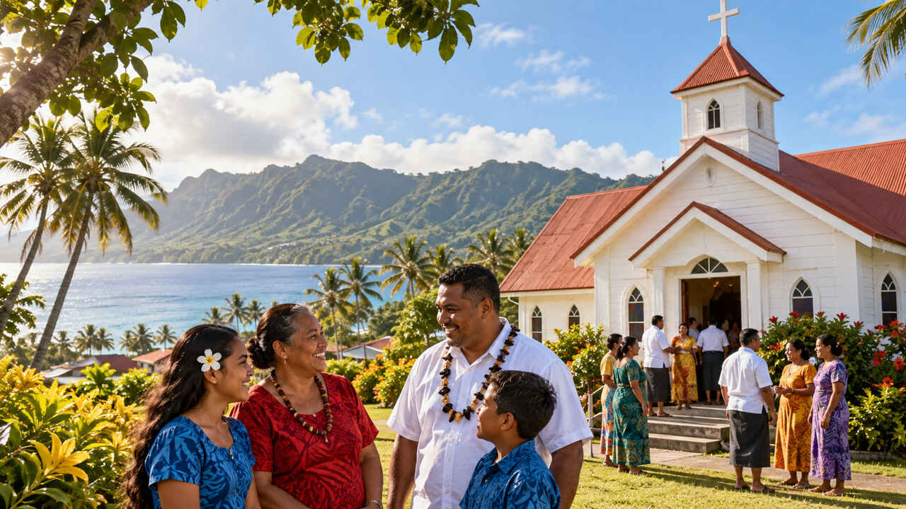 Samoan Christian families and church members gathered outside a village church in a tropical island setting