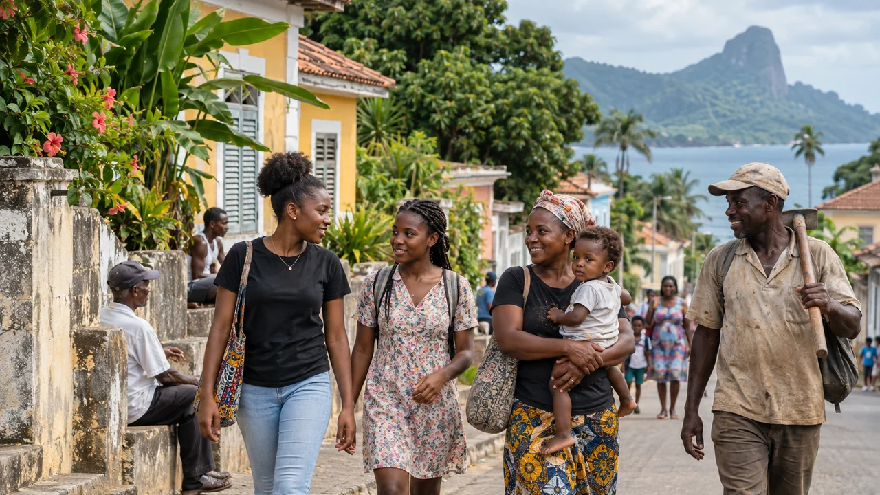 São Toméan adults and a young child walking together on a tropical coastal street with colourful homes and green mountains in the background.