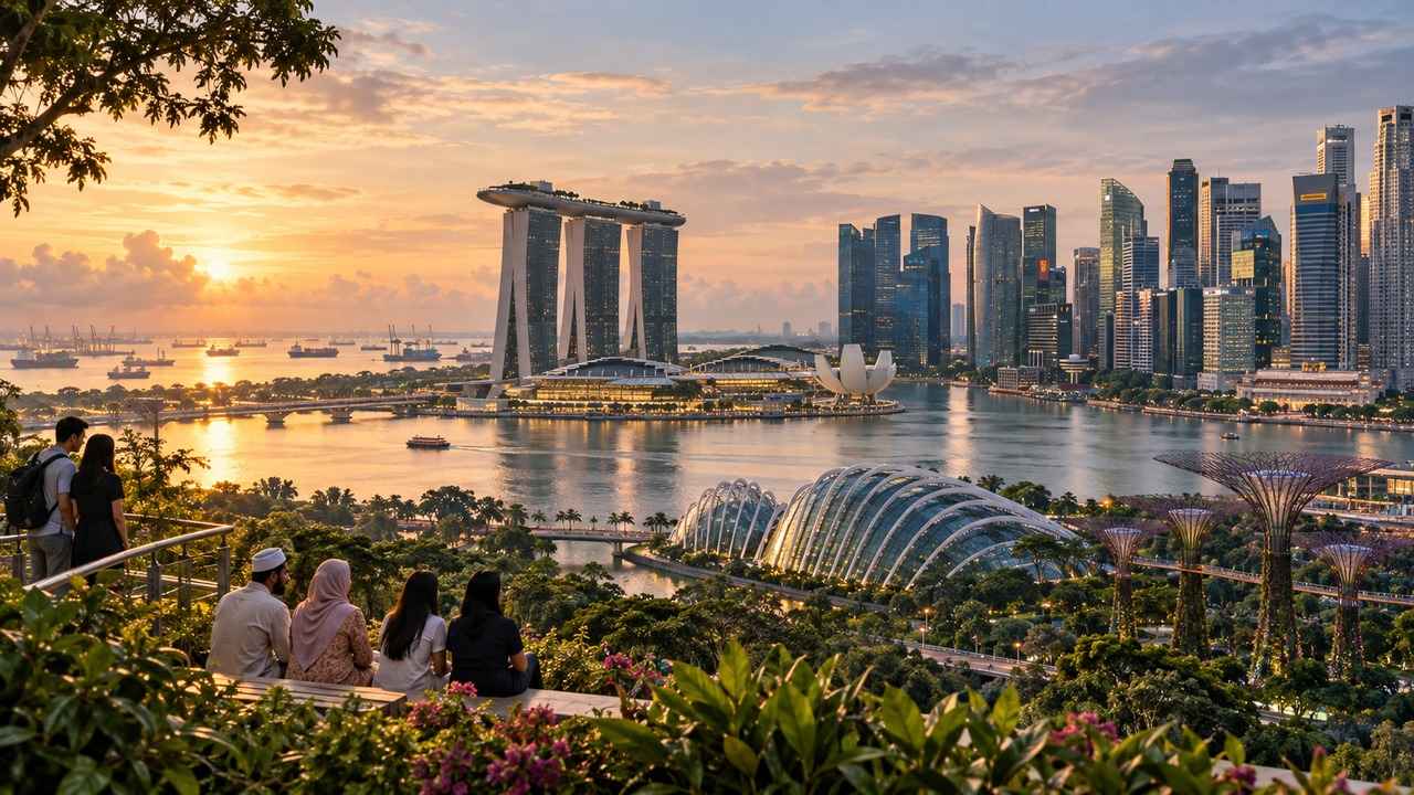 Singapore skyline at sunset with Marina Bay, Gardens by the Bay, greenery, and people overlooking the city.