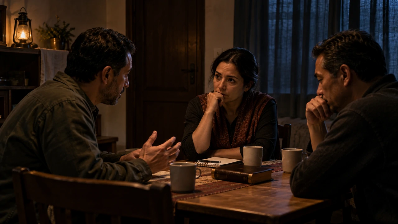 Three adults gathered quietly around a table with a Bible in a dimly lit room at night.