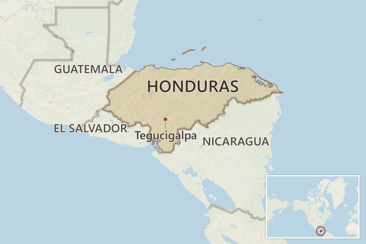 Map locating Honduras in Central America, bordered by Guatemala, El Salvador and Nicaragua, with Tegucigalpa marked and a wider-location inset.