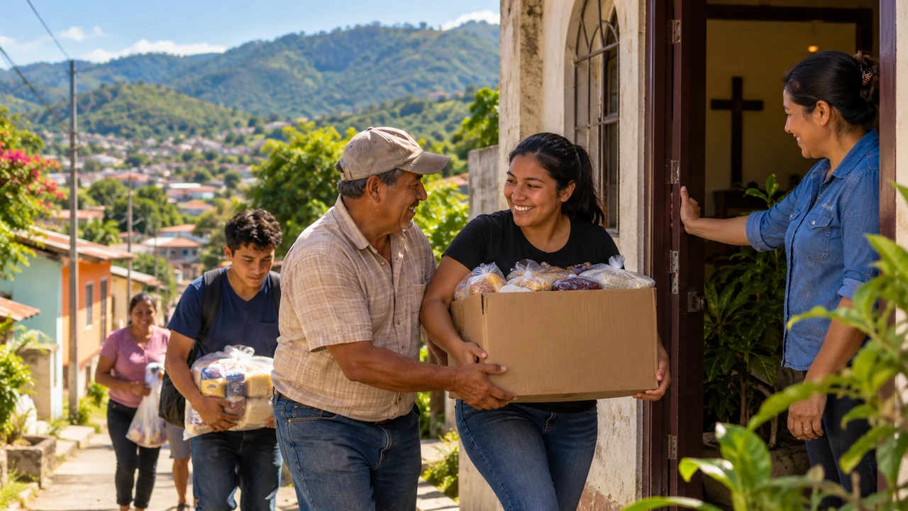 Neighbours carrying food supplies into a modest church in a hilly Honduran neighbourhood.