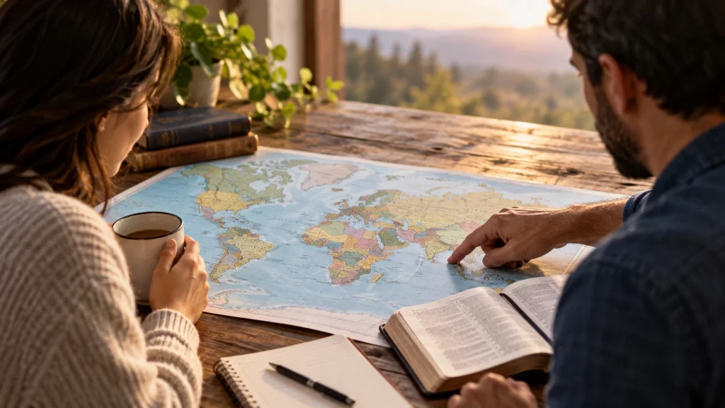 Two people seated at a table with a world map, an open Bible, and a notebook.
