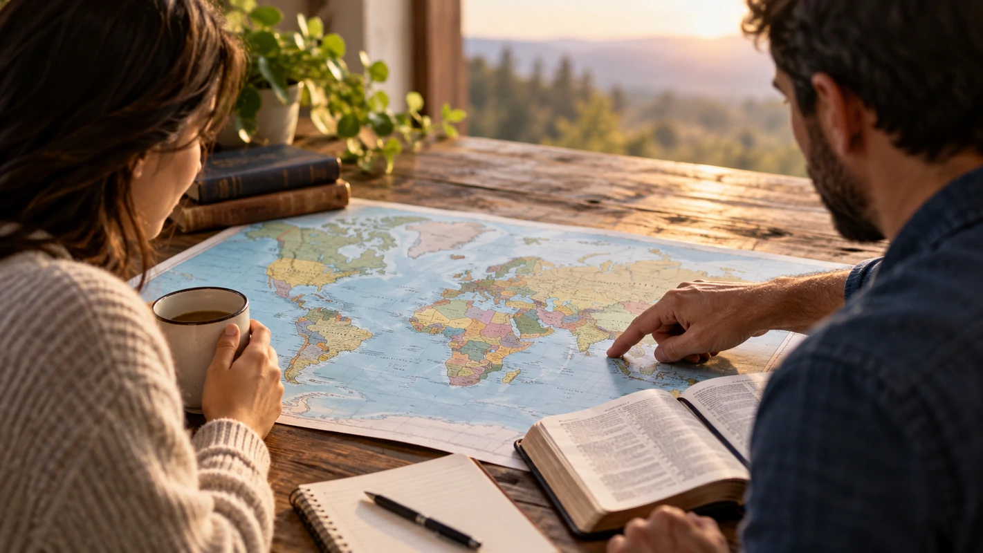Two people seated at a table with a world map, an open Bible, and a notebook.
